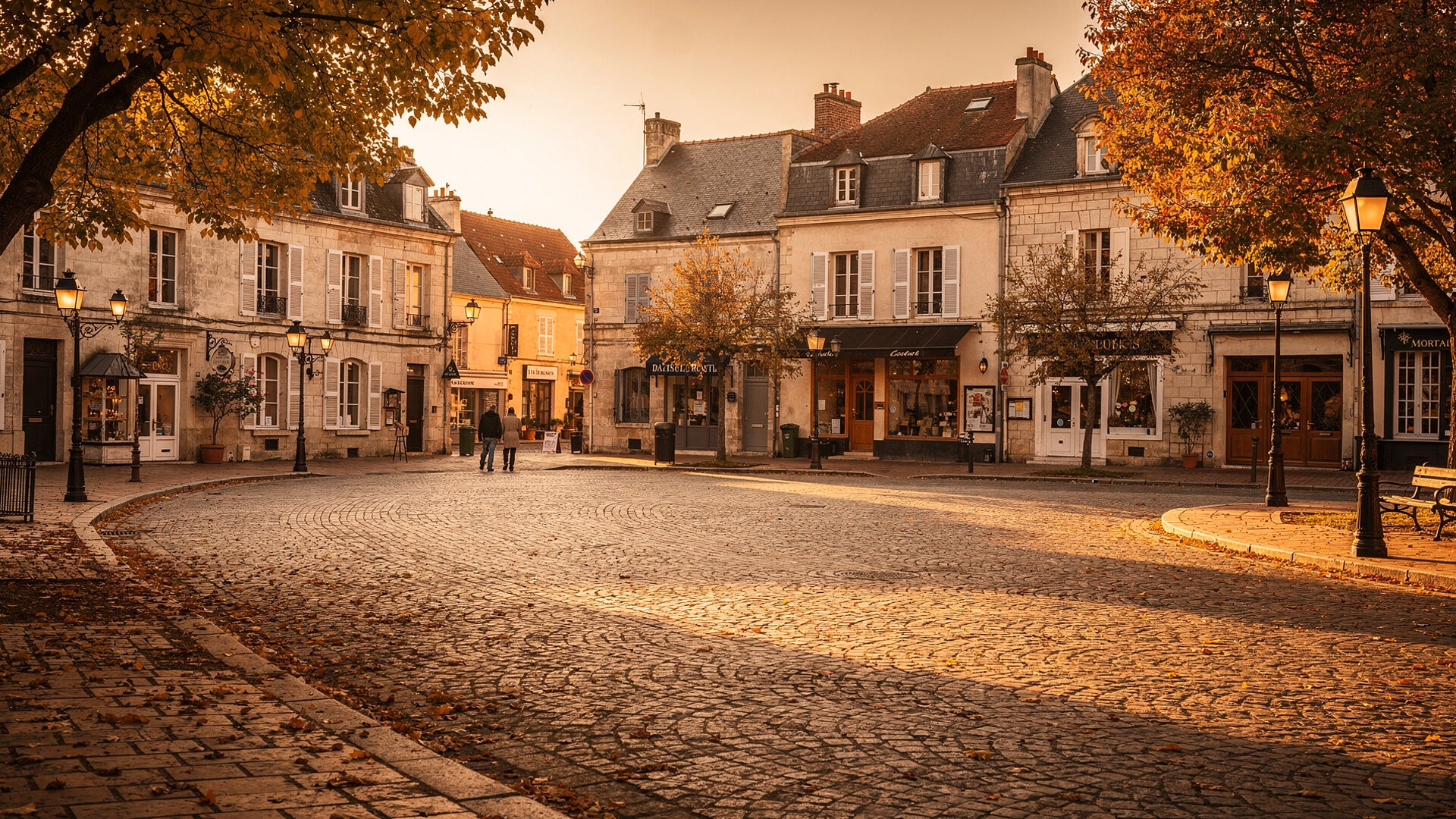 Ambiance d'une petite ville française en fin d'après-midi